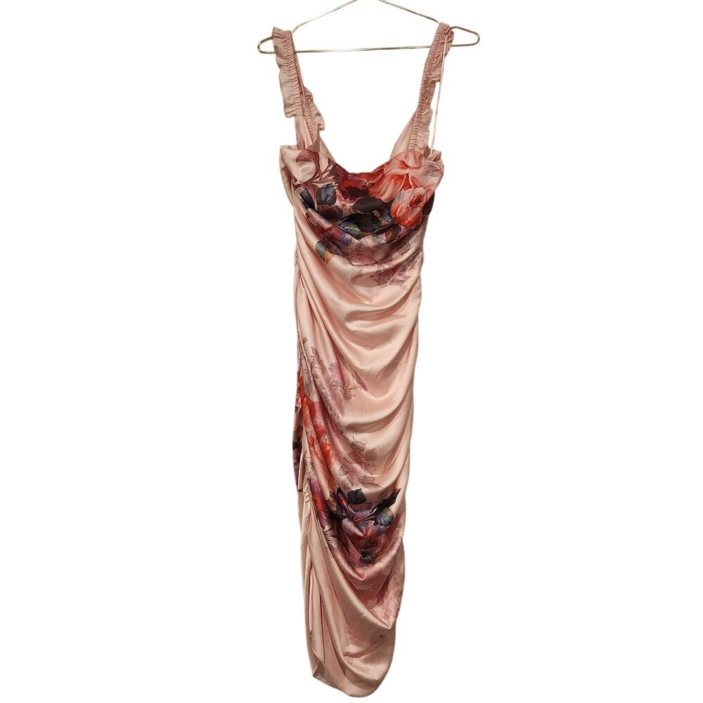 BHLDN Callie Sleeveless Ruched Printed Charmeuse pink Midi Dress - Picture 6 of 11